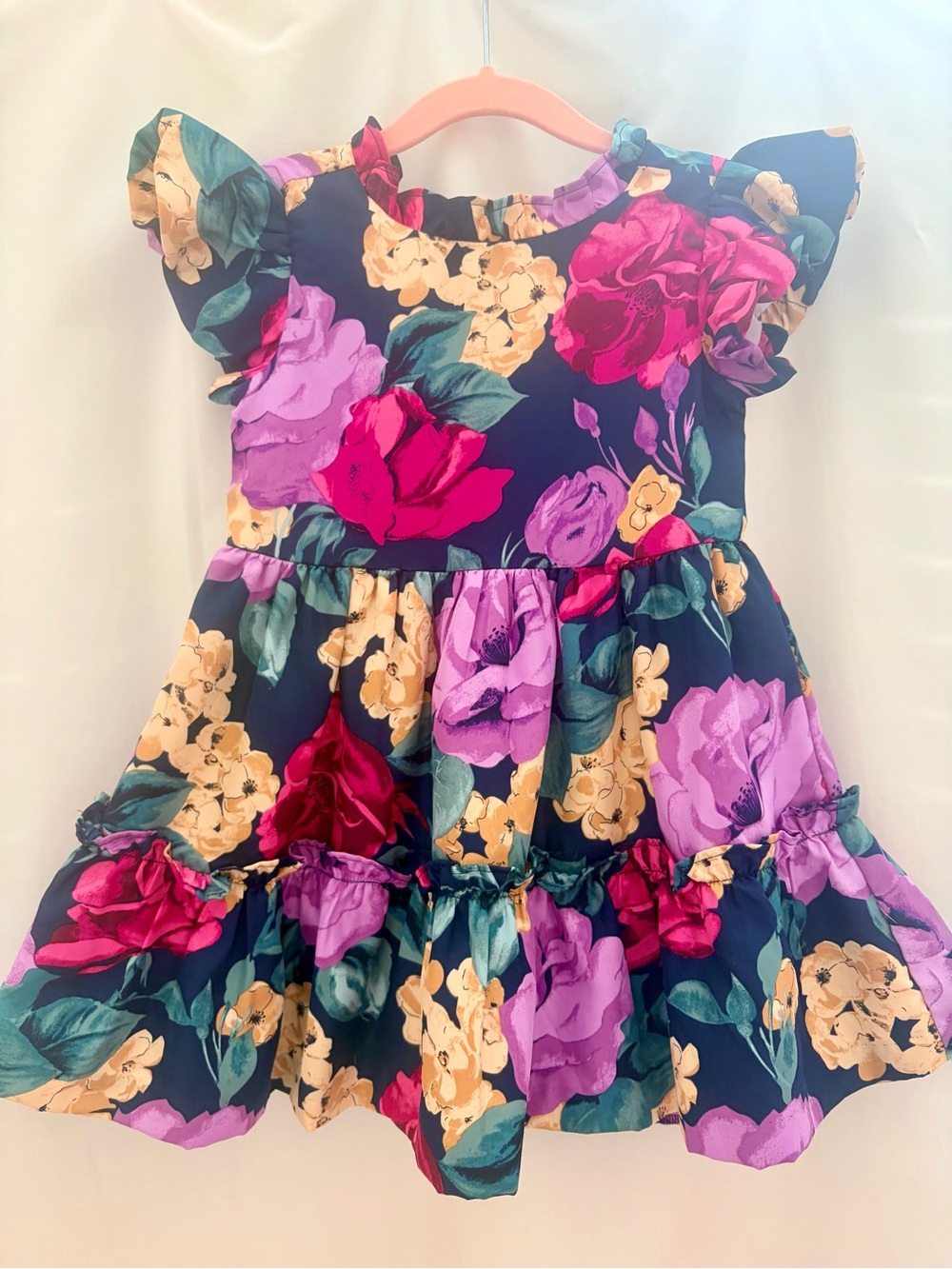 Janie and Jack Navy Floral Flutter Sleeve Dress - Pink, Purple & Yellow